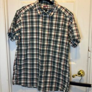 The North Face Green and White Plaid Short-Sleeve Button-Down Snap Shirt